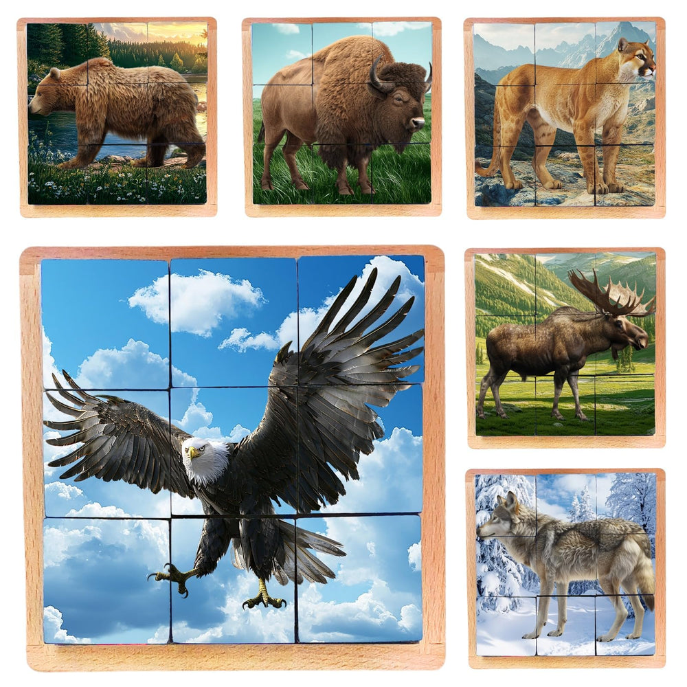 Montessori Castle Native Animals Puzzle top view shows six animal shapes for problem solving.