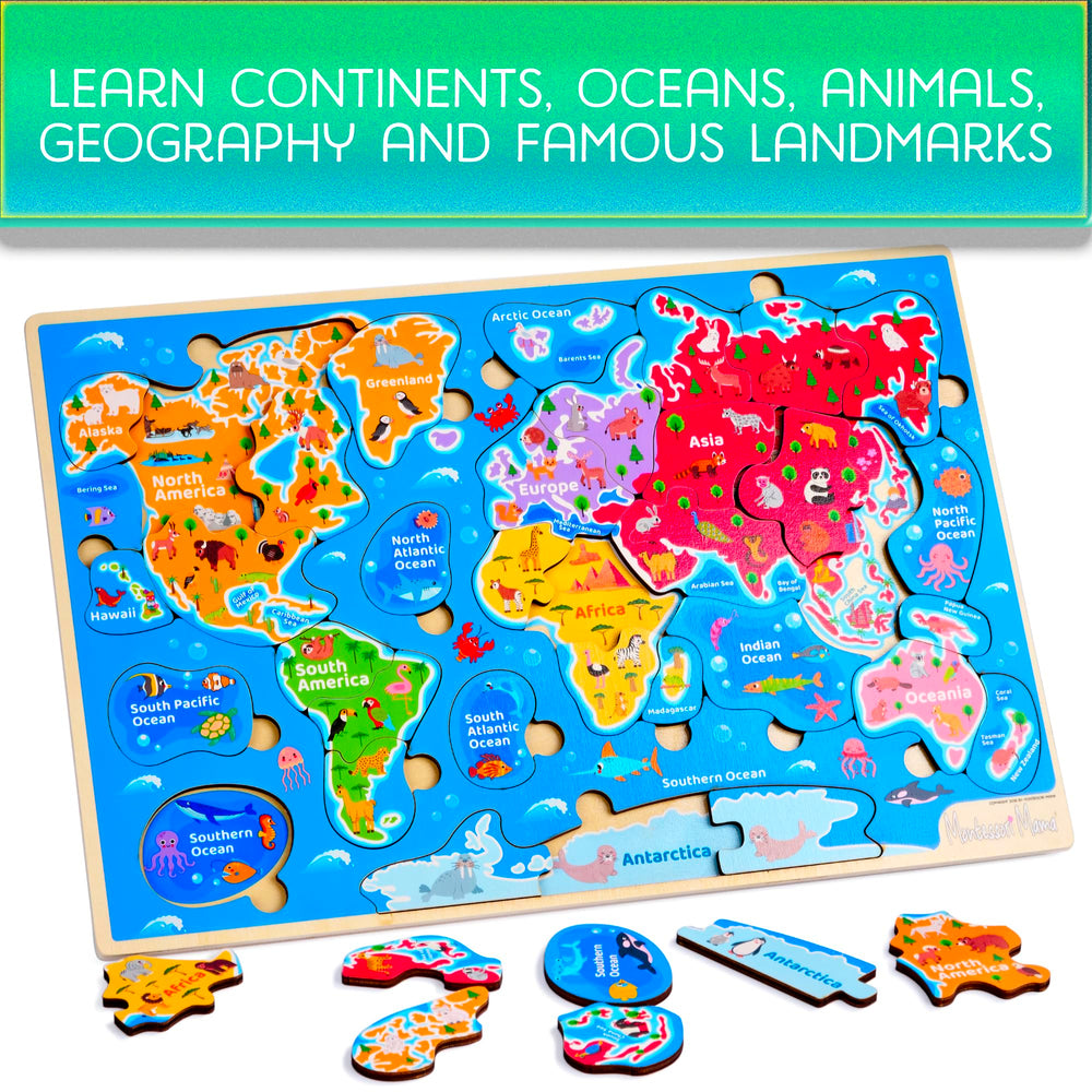 Montessori Mama colorful-wooden-pieces puzzle set encouraging fine motor and problem solving.