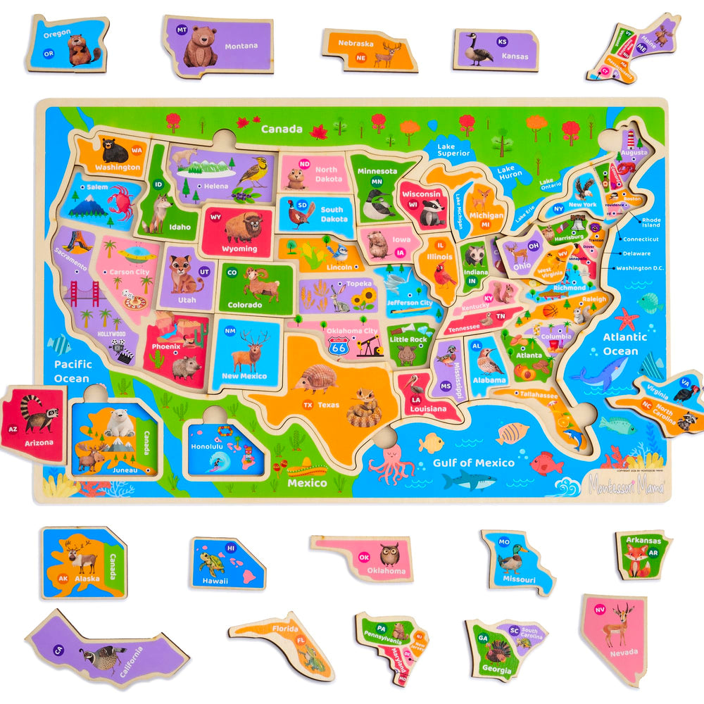 Montessori Mama USA Map Puzzle assembled to show state shapes for tactile learning.