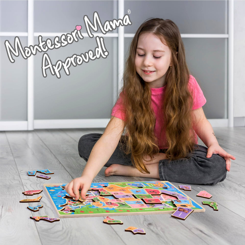 Montessori Mama USA Map Puzzle is portable, perfect for travel and playdates.