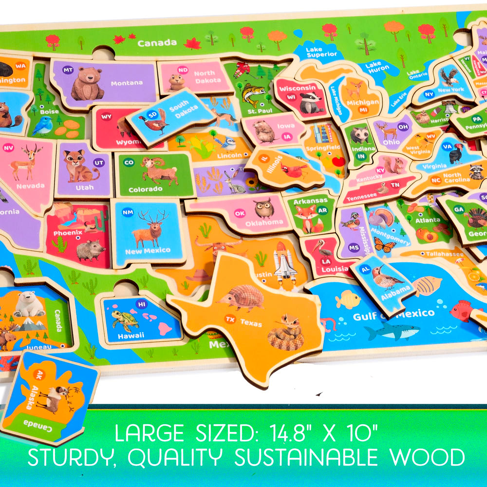 Montessori Mama USA Map Puzzle features sturdy wooden construction for durable use.