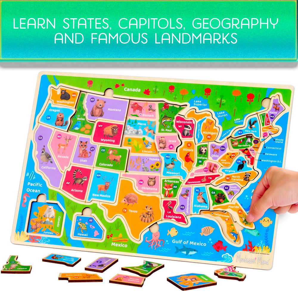 Montessori Mama usa-states-capitals-puzzle with bright pieces supporting mapping skills and memory.
