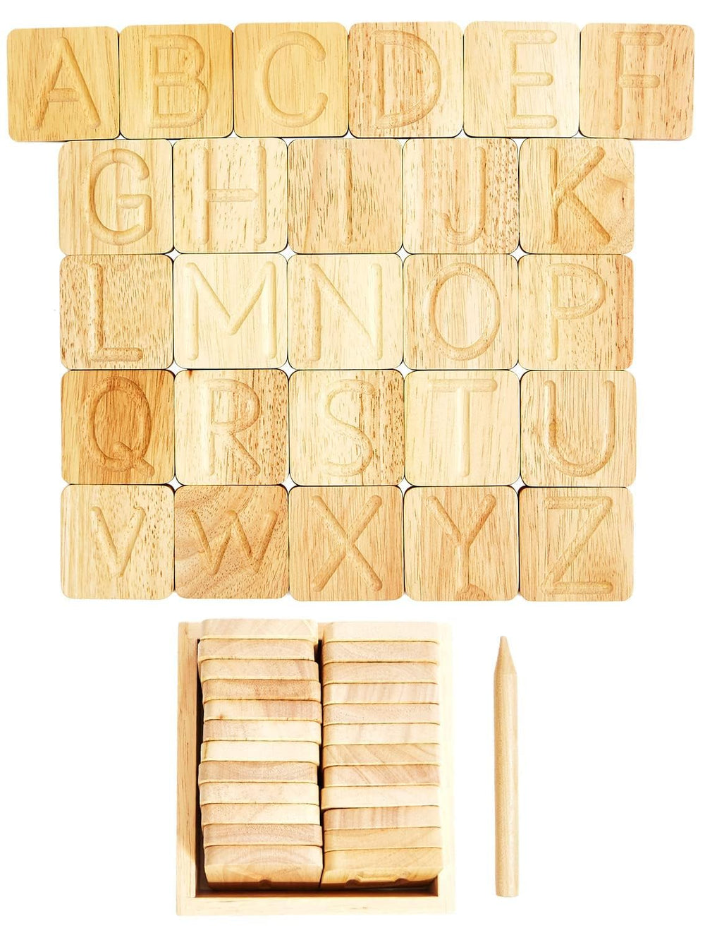 Montessori & Me letter tiles natural wood texture for multisensory learning