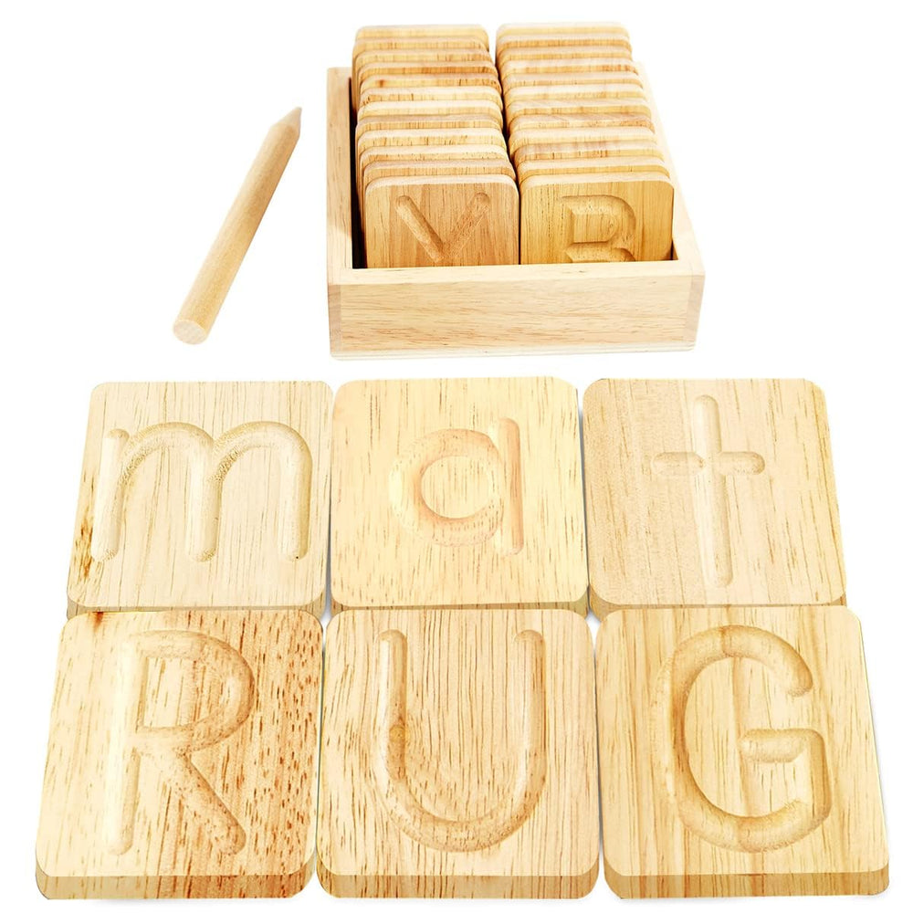 Montessori & Me wooden alphabet tracing board front view supports letter formation practice