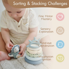 Moonkie stacking rings arranged in pastel colors for open-ended learning.