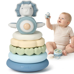 Moonkie Dinosaur top teether offers gentle relief and tactile exploration.
