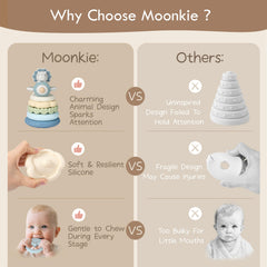 Moonkie stack fits in diaper bags for on-the-go fun.