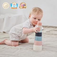 Moonkie cups feature textured surfaces for safe mouthing and sensory exploration