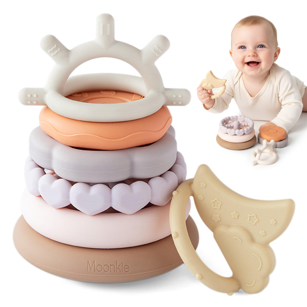 Moonkie Stacks of Circles soft teether close-up for safe chewing and sensory exploration.