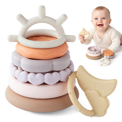Moonkie Stacks of Circles soft teether close-up for safe chewing and sensory exploration.
