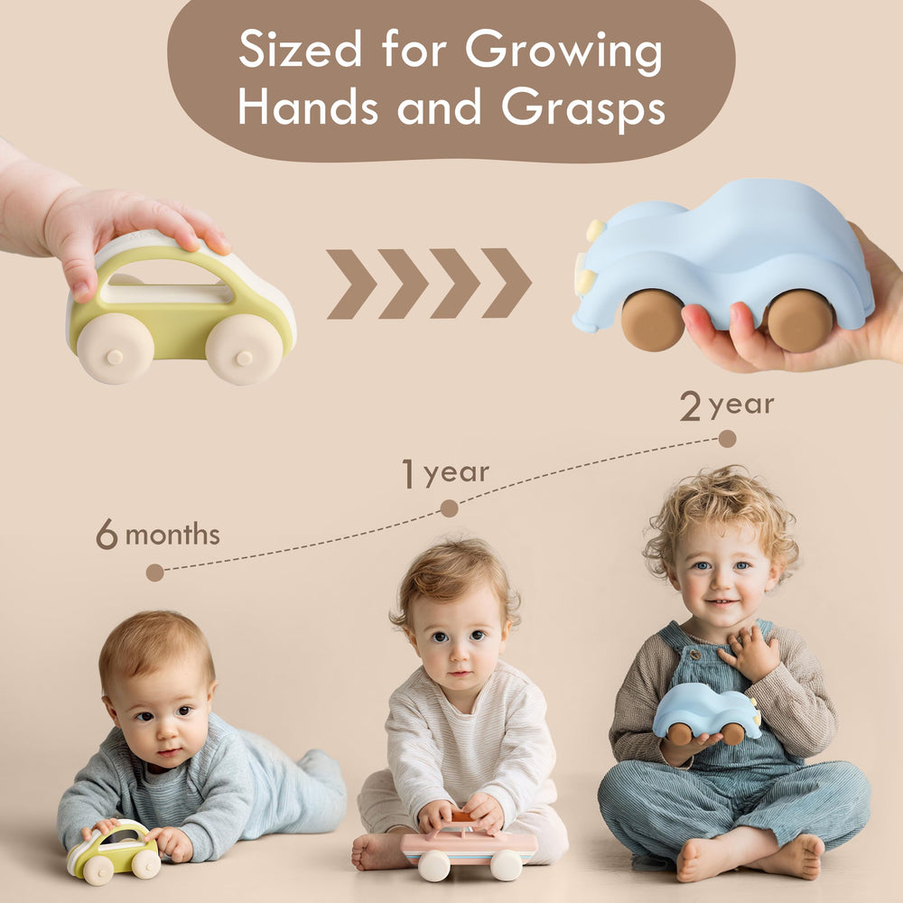 Moonkie 3-pack display-case highlights colorful cars for nursery shelves.