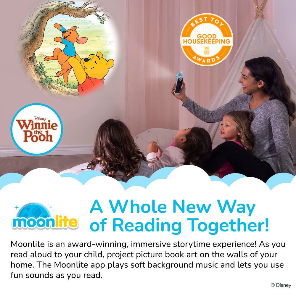 Moonlite app interface enables quick setup for interactive Pooh stories.