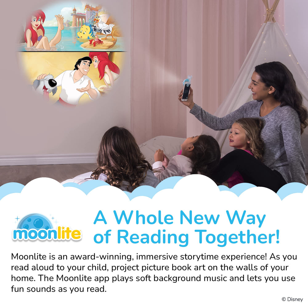 Moonlite Mini Projector promotes shared reading during bedtime.
