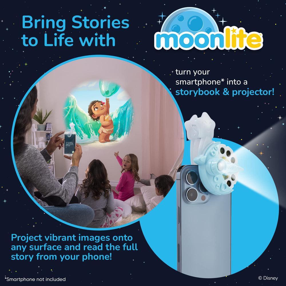 Moonlite Mini Projector with Disney Princess stories via app for quick sessions.