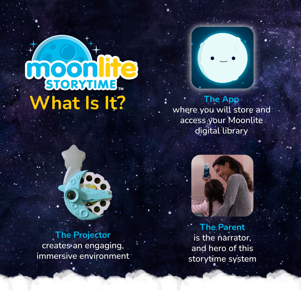 Moonlite Storytime Mini app interface with sound effects for listening