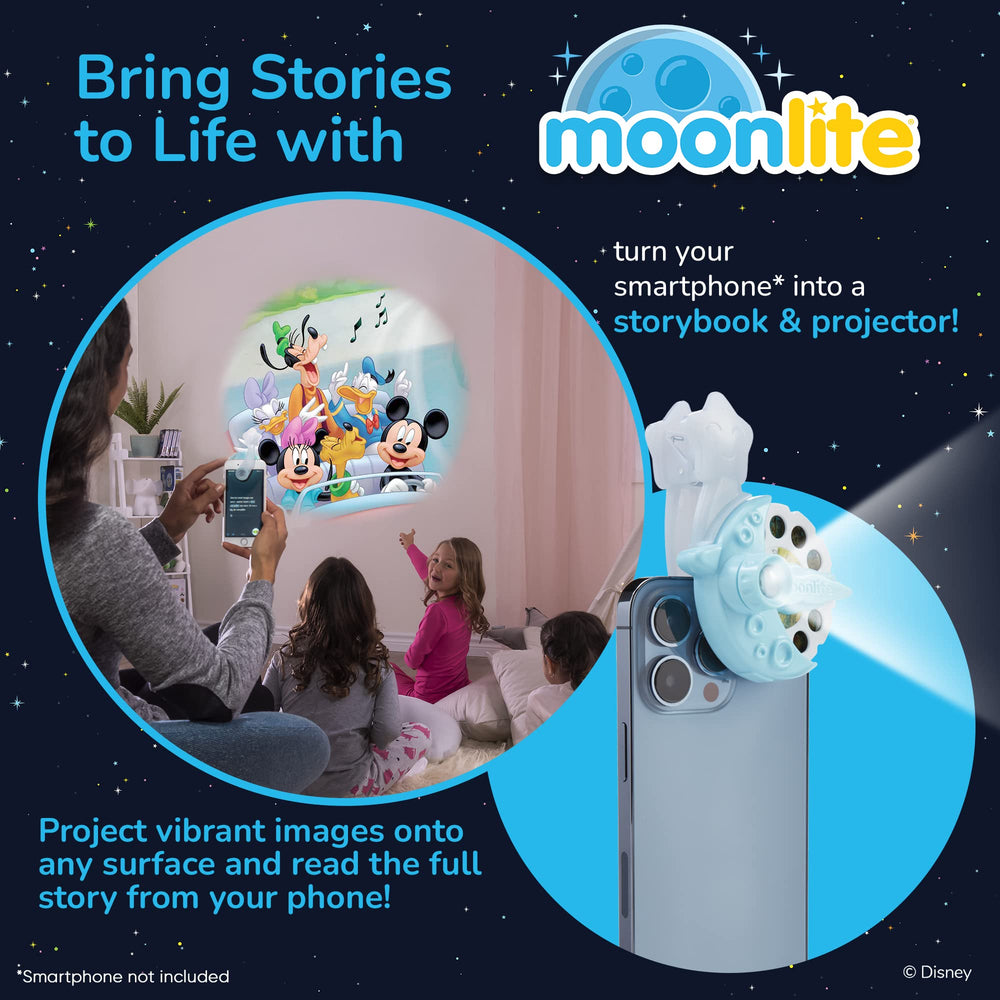 Moonlite Storytime Mini Projector attached to smartphone flashlight demonstrates easy setup