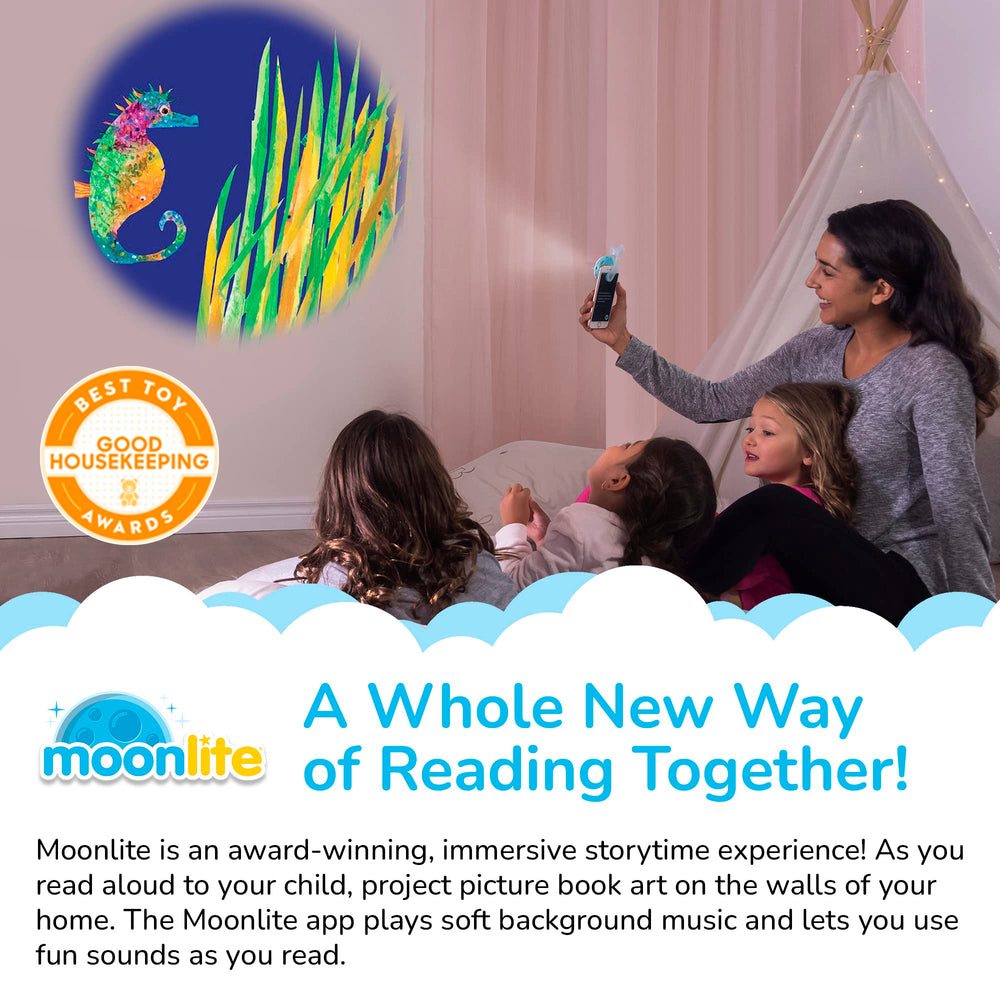 Moonlite Storytime Mini Projector showing four Eric Carle stories for immersive visuals