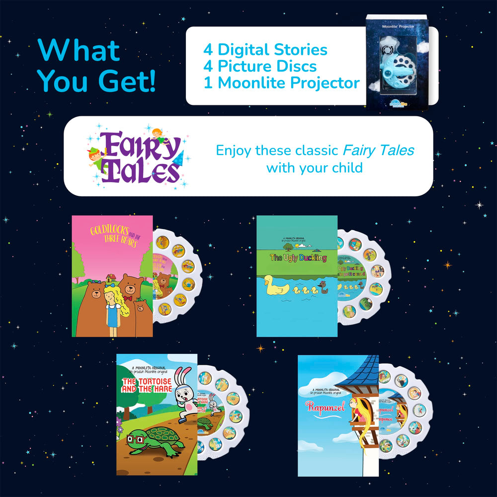 Moonlite Storytime Mini Projector is travel-ready and compact for on-the-go stories.