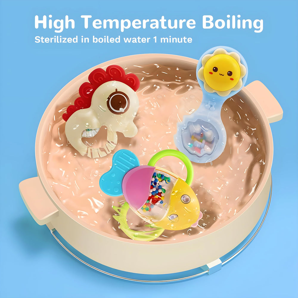 MOONTOY bear rattle teether provides varied textures for sensory development