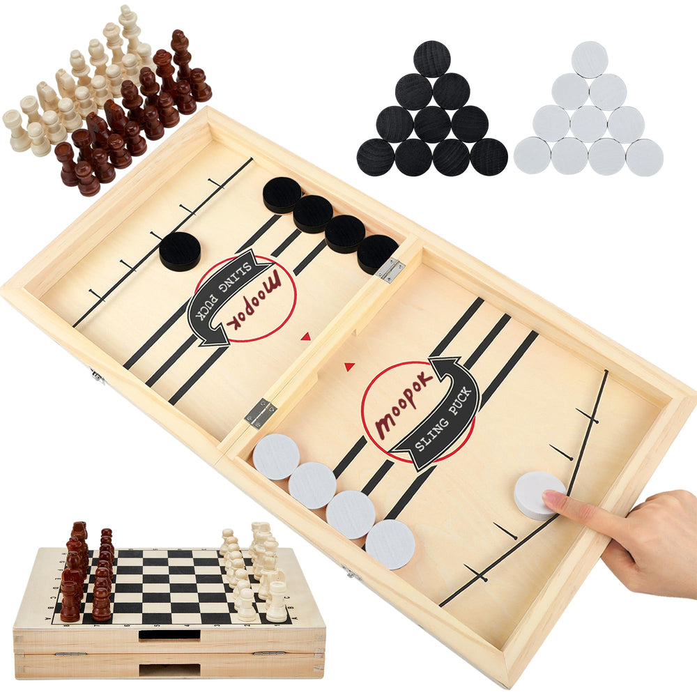 Moopok fast sling puck game hockey board in action for family fun.