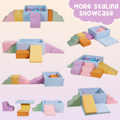 MOOZHEALTH macaroon-color modular foam modules shown for easy cleaning and setup.