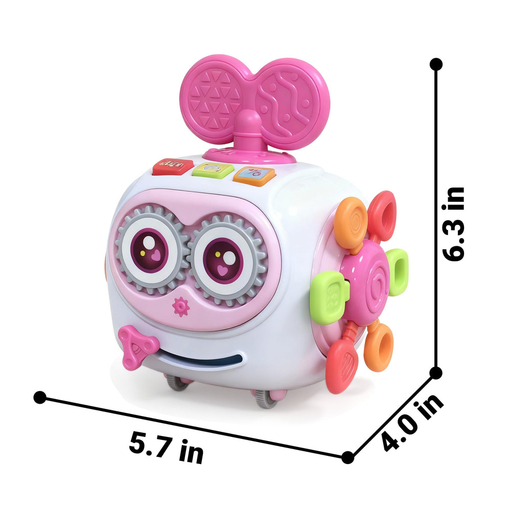 MoraBaby Busy Cube with soft lights and music for sensory exploration.