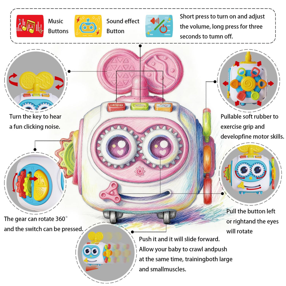 MoraBaby Busy Cube wheels support tummy time and crawling practice.