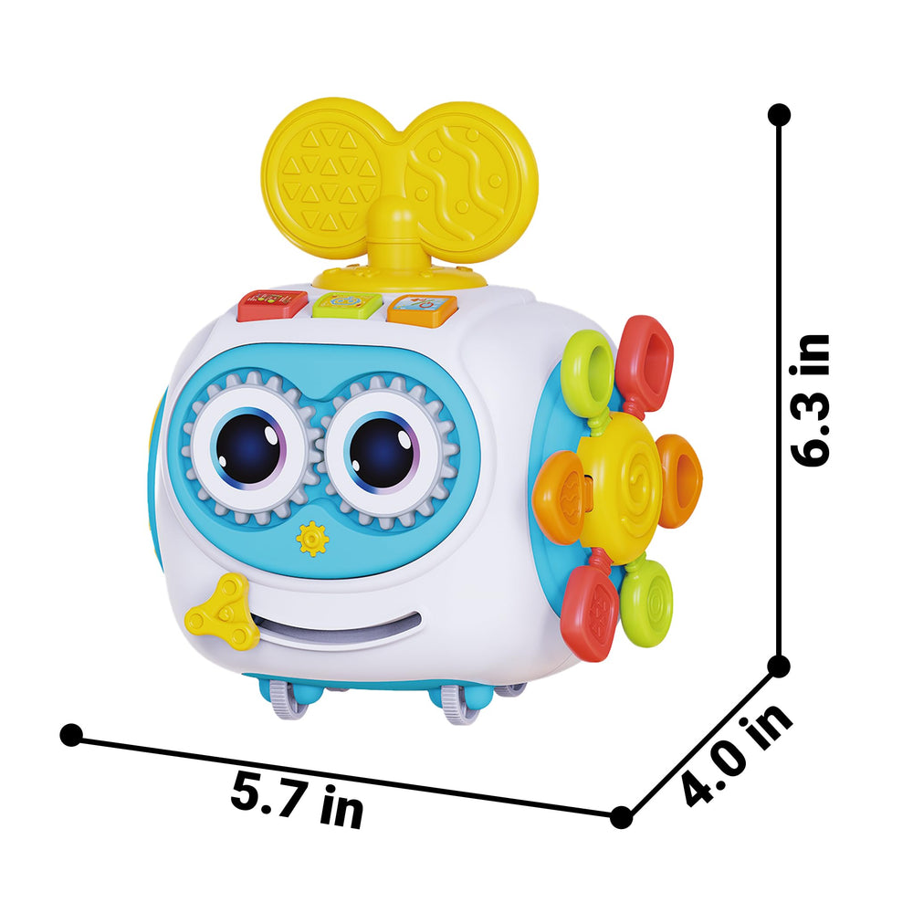 MoraBaby Robot Busy Cube lights aid visual tracking during play sessions.