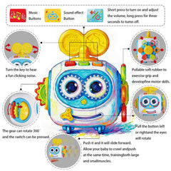 MoraBaby Robot Busy Cube wheels support gentle crawling and tummy time practice.