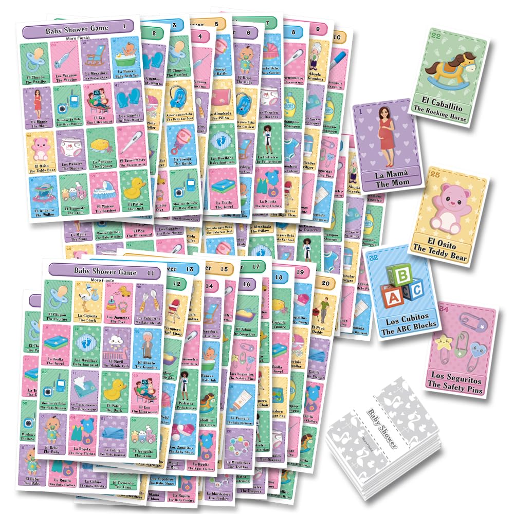 More Fiesta Baby Shower Bingo boards: 40 colorful, reusable game mats for gatherings.