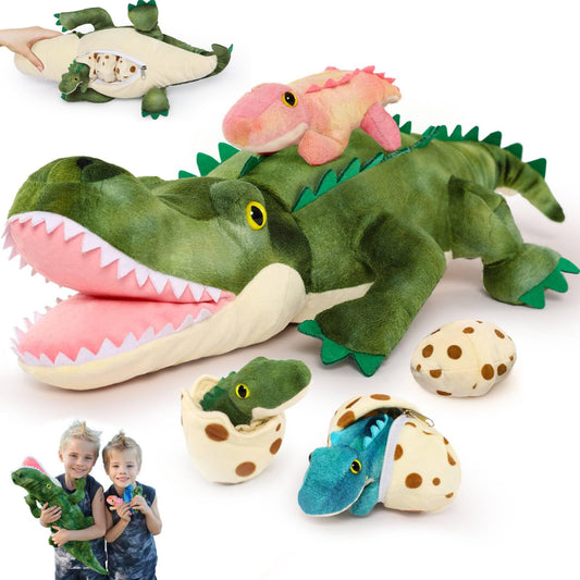MorisMos plush alligator mommy with babies, a cuddly centerpiece for imaginative play and cuddling.