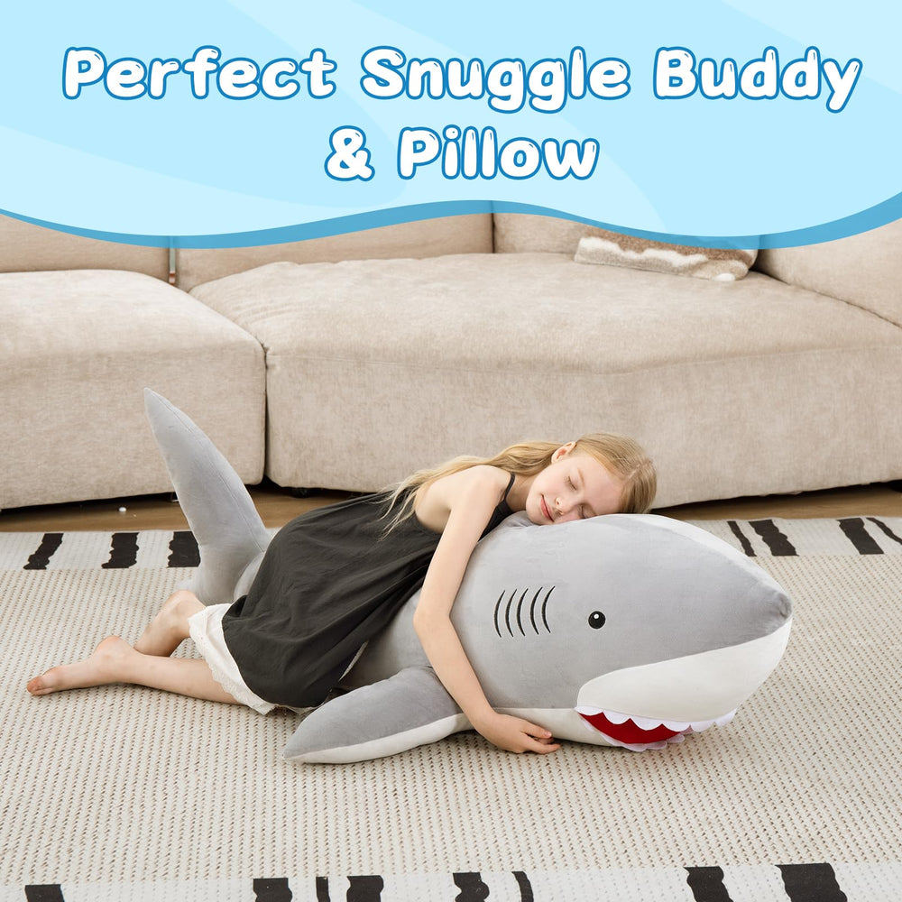MorisMos ultra-soft plush shark close-up highlighting texture and huggable size.