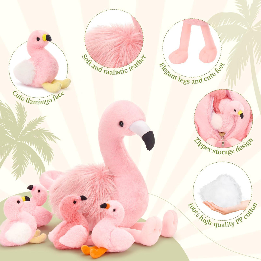MorisMos baby flamingos companion for nurturing play sessions.
