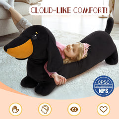 MorisMos dachshund pillow on sofa enhances decor and comfort.
