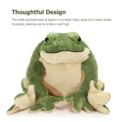 MorisMos frog plush seated pose highlighting bean-stabilized bottom