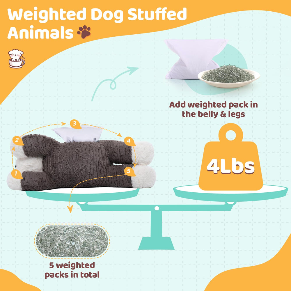 MorisMos microwave heatable puppy plush offers soothing warmth without fragrance.