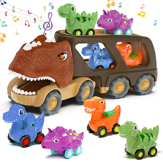 Moritakk dinosaur truck front view shows vibrant colors and pull-back action.