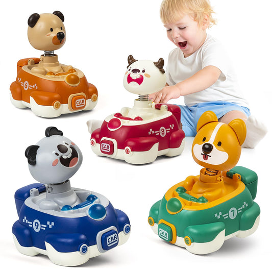 Moritakk press-to-go car toy with racing animals for toddlers, promotes imaginative play.