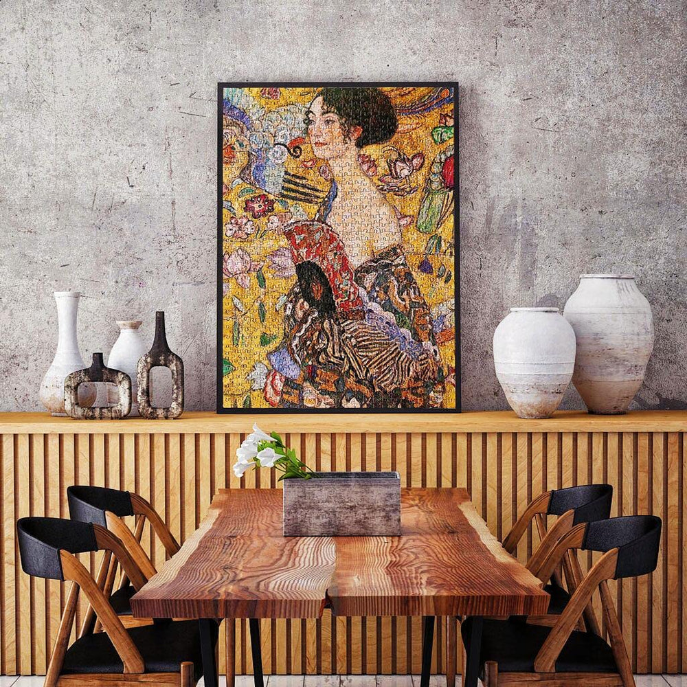 Moruska Lady with Fan puzzle gift-ready packaging perfect for art lovers.