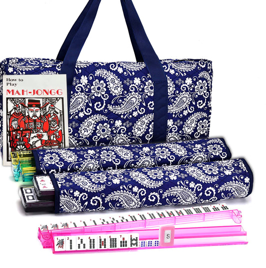 Mose Cafolo American Mahjong set with blue paisley bag for portable family game nights.