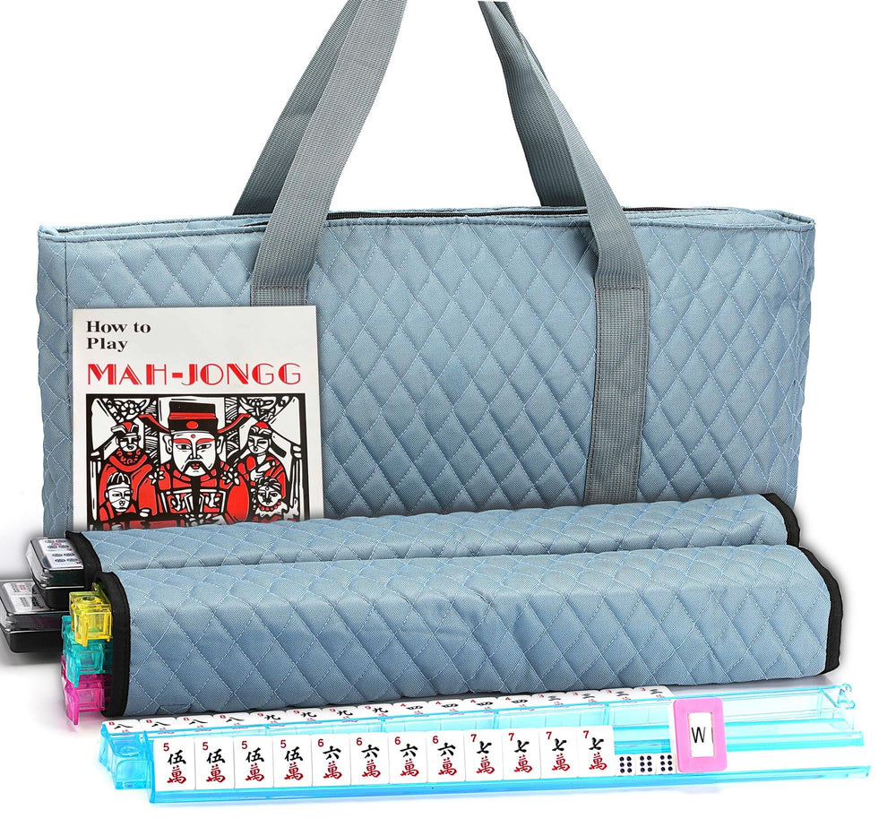 Mose Cafolo American Mahjong set in a pearl gray quilted bag for easy travel storage.