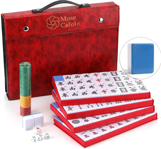 Mose Cafolo mahjong set with large tiles and red travel case for easy transport