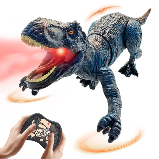 Moskiddo blue RC T-Rex walks with lifelike motion for immersive play.