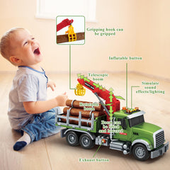 Mostop 15-inch logging truck with crane and lifelike details for kids.