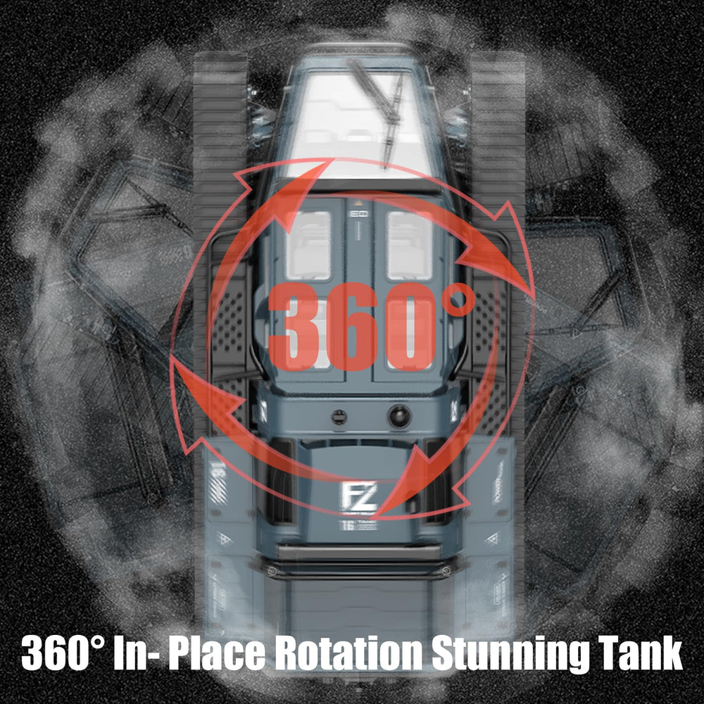 Mostop RC Tank Car side view showing 360° rotation and rugged tracks