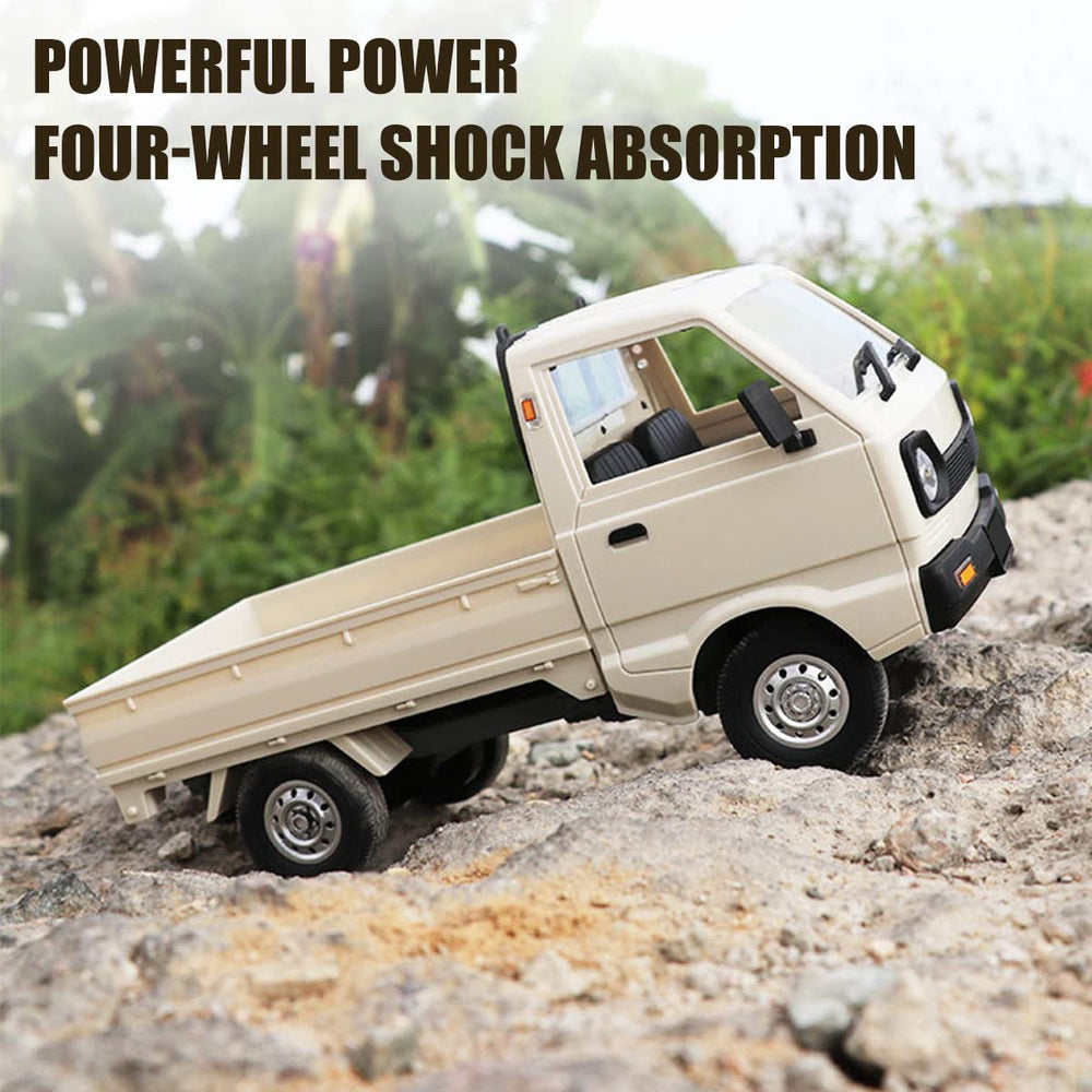 Mostop WPL D12 RC drift car with headlights on for enhanced realism.