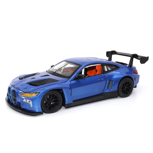 Motor City Classics BMW M4 GT3 blue front view with open doors for detailed viewing
