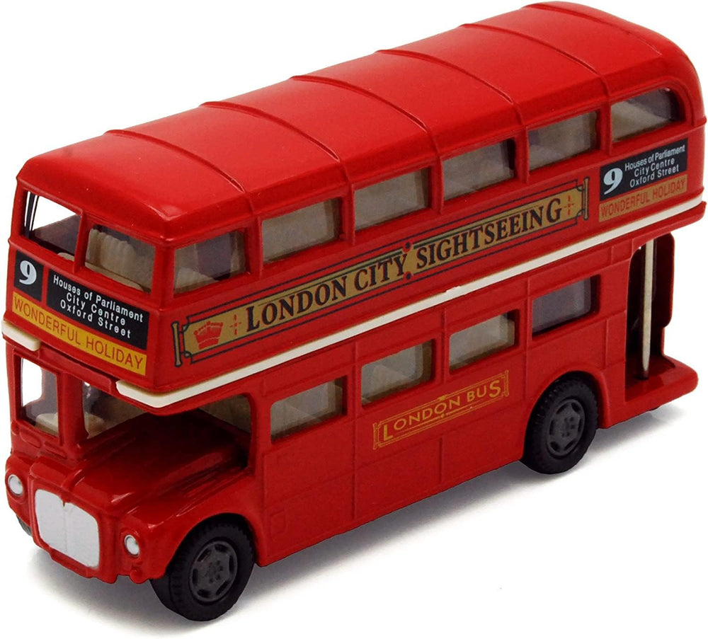 Motormax London Double Decker Bus model, front view, detailed red diecast for display