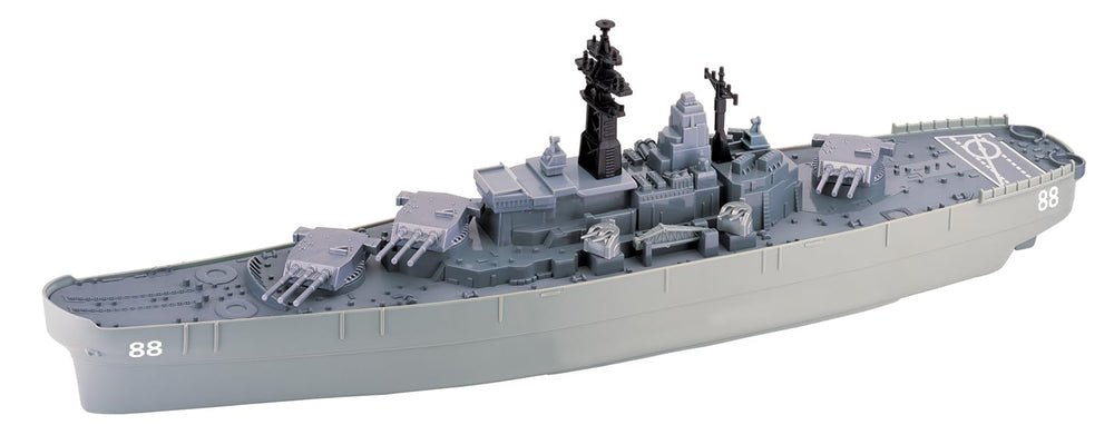 Motormax USS Giant Battleship diecast aircraft hovering above the deck for action scenes.