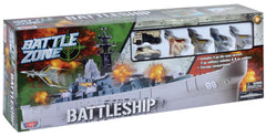 Motormax USS Giant Battleship set includes plastic soldiers for fleet formations.